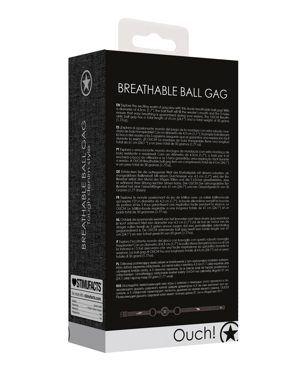 Ouch Shots Ouch Breathable Ball Gag with Denim Straps - Black - Image 2