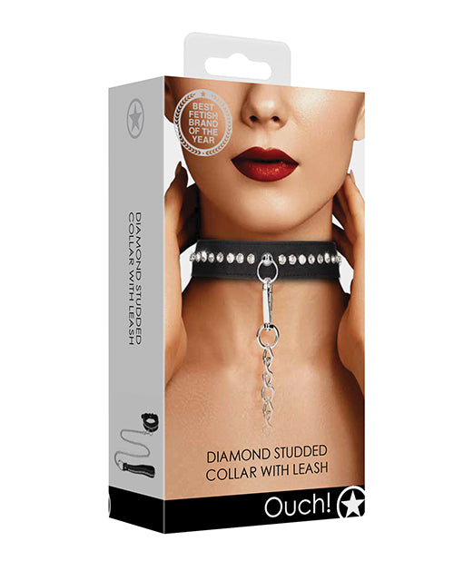 Ouch Shots Ouch Diamond Studded Collar with Leash - Black