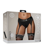 Ouch Shots Ouch! Vibrating Strap On Thong with Adjustable Garters - Black M/L