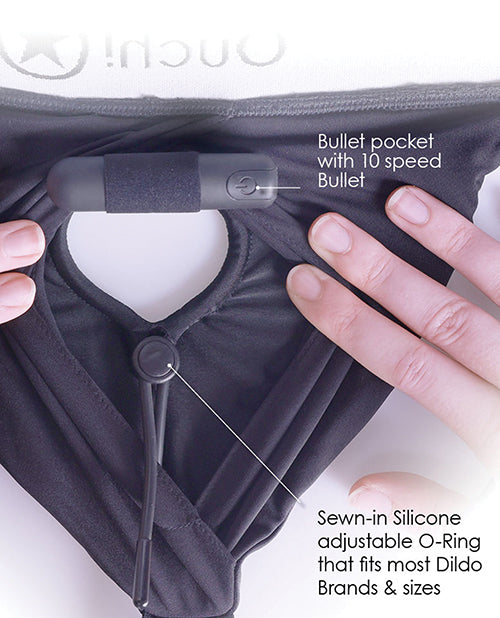 Ouch Shots Ouch! Vibrating Strap On Thong with Adjustable Garters - Black M/L - Image 5