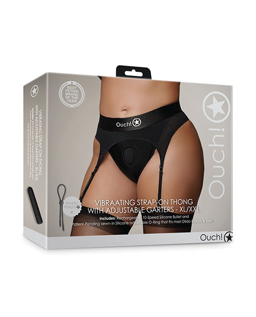 Ouch Shots Ouch! Vibrating Strap On Thong with Adjustable Garters - Black XL/XXL