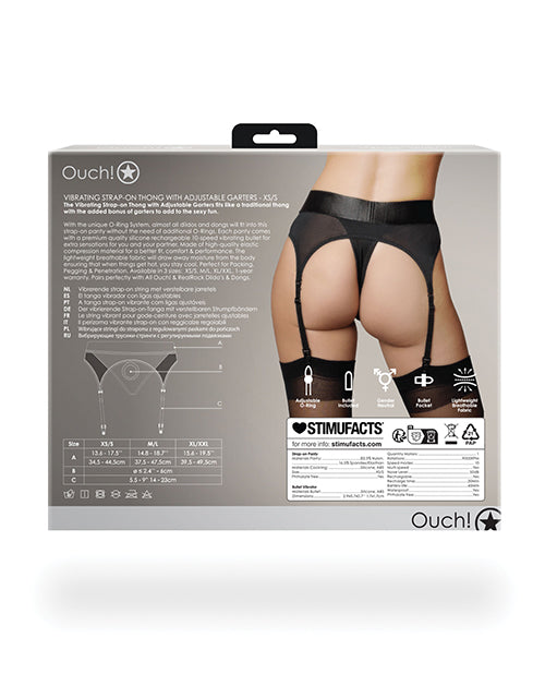 Ouch Shots Ouch! Vibrating Strap On Thong with Adjustable Garters - Black XS/S - Image 2
