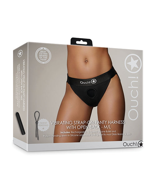 Ouch Shots Ouch! Vibrating Strap On Panty Harness with Open Back - Black M/L