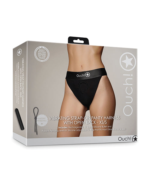 Ouch Shots Ouch! Vibrating Strap On Panty Harness with Open Back - Black XS/S